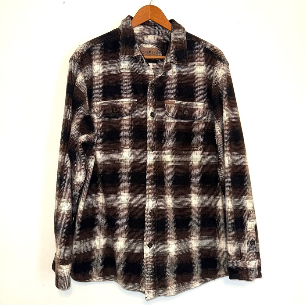 Orvis Men's Brown Black Heavy Flannel Plaid Button Up Shirt Shacket Pockets L
